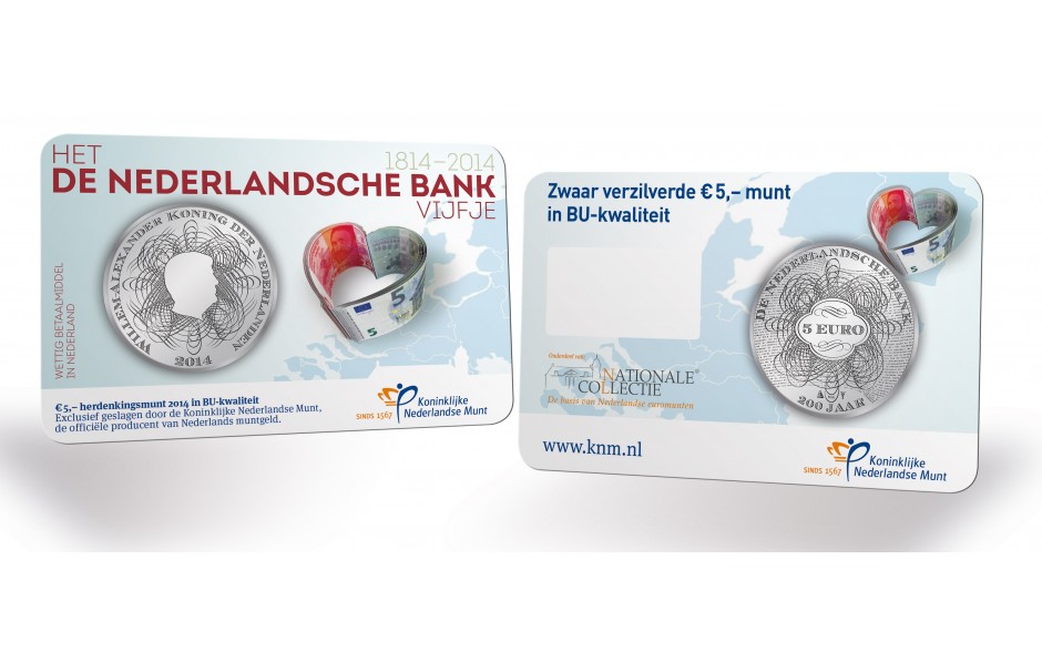 Coincard Het 'De Nederlandsche Bank' Vijfje 5 euro verzilverd 2014 BU