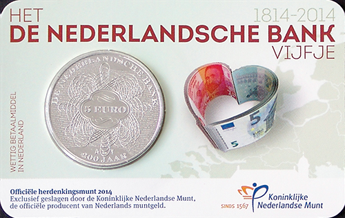 Coincard Het 'de Nederlandsche Bank' Vijfje 5 euro verzilverd 2014 UNC