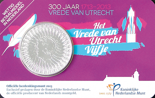 Coincard Het Vrede van Utrecht Vijfje 5 euro verzilverd 2013 UNC