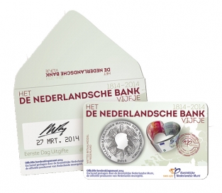 Coincard Het 'De Nederlandsche Bank' Vijfje 5 euro verzilverd 2014 1e dag