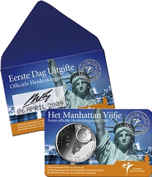 Coincard Het Manhattan Vijfje 5 euro verzilverd 2009 1e dag